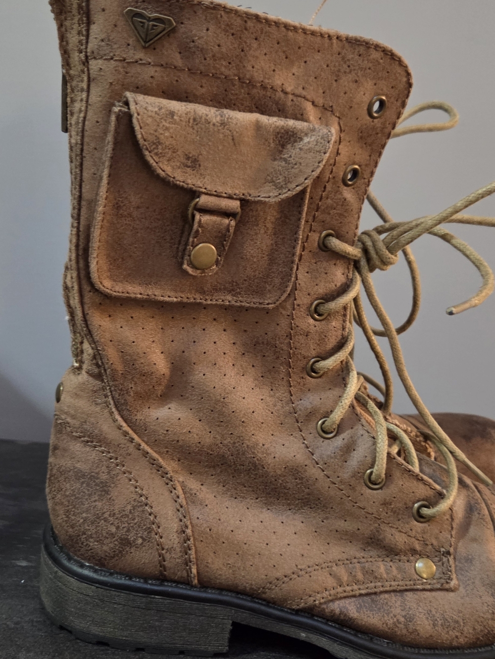 Roxy Distressed Brown Lace-Up Combat Boots - Picture 3 of 4